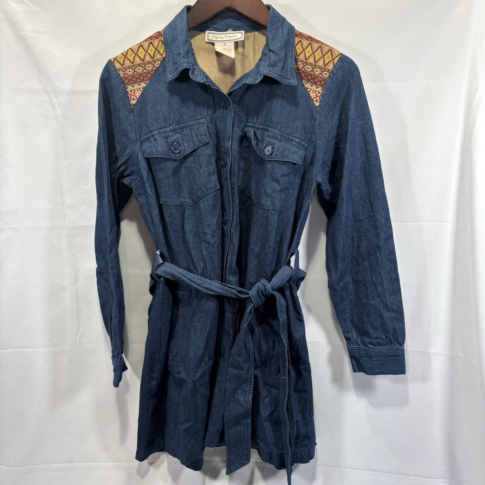 Women's Flying Tomato Medium Denim Mini Aztec Western Belted Pockets Shirt Dress